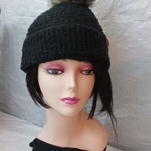 CC Boutique Black Knit Beanie with Faux Fur Pom